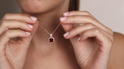 Cushion Cut CZ Ruby Pendant | Halo Necklace Gift for Her