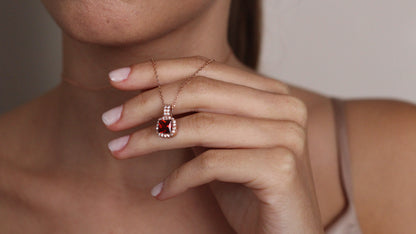 Cushion Cut CZ Ruby Pendant | Halo Necklace Gift for Her