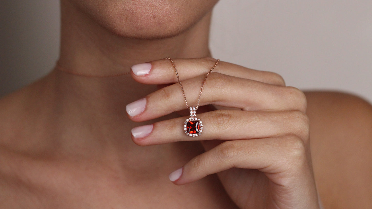 Cushion Cut CZ Ruby Pendant | Halo Necklace Gift for Her