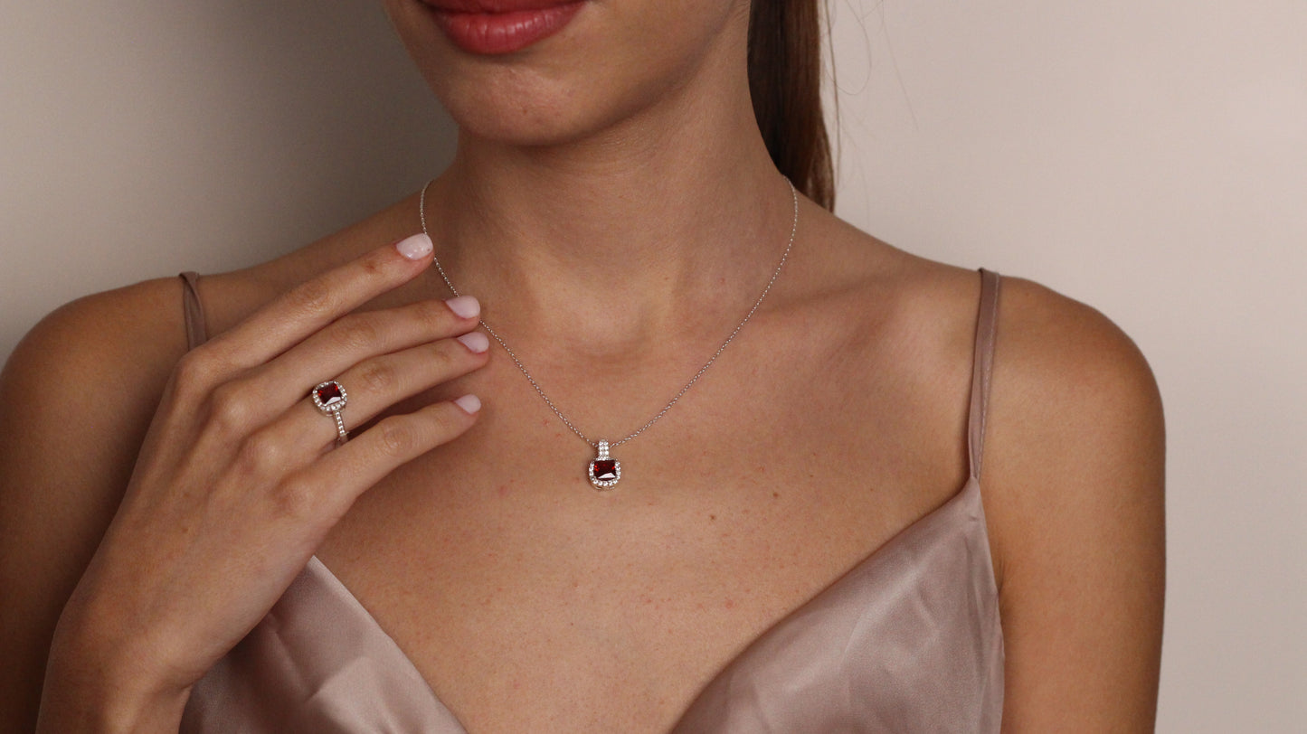 Cushion Cut CZ Ruby Pendant | Halo Necklace Gift for Her