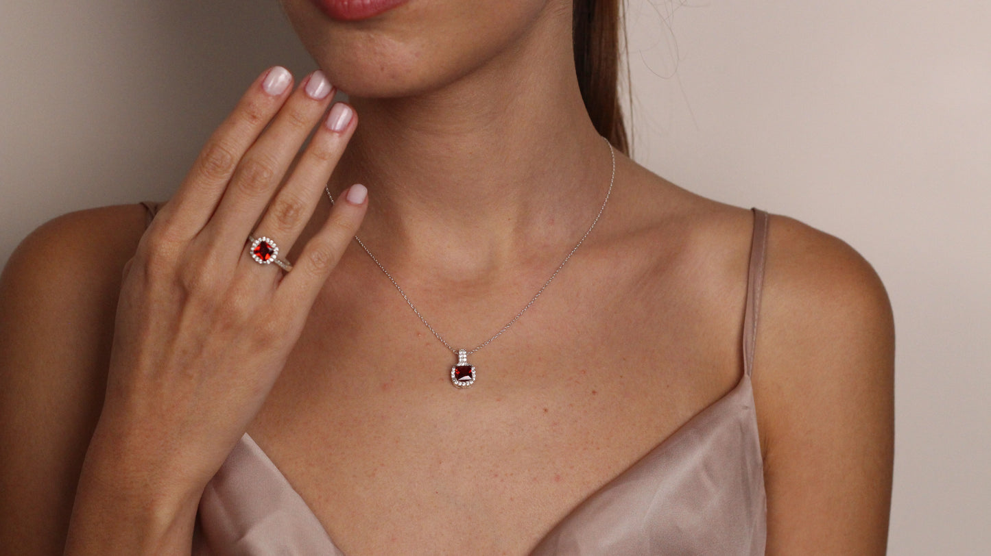 Cushion Cut CZ Ruby Pendant | Halo Necklace Gift for Her