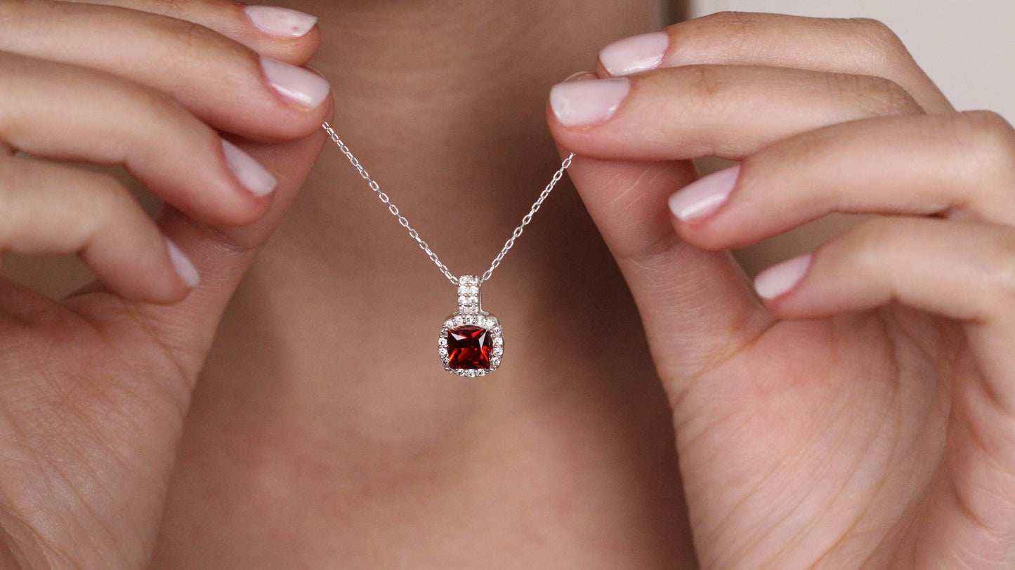 Cushion Cut CZ Ruby Pendant | Halo Necklace Gift for Her