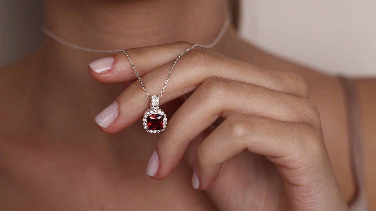 Cushion Cut CZ Ruby Pendant | Halo Necklace Gift for Her