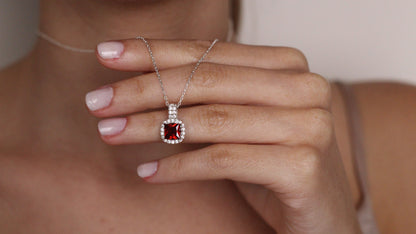 Cushion Cut CZ Ruby Pendant | Halo Necklace Gift for Her