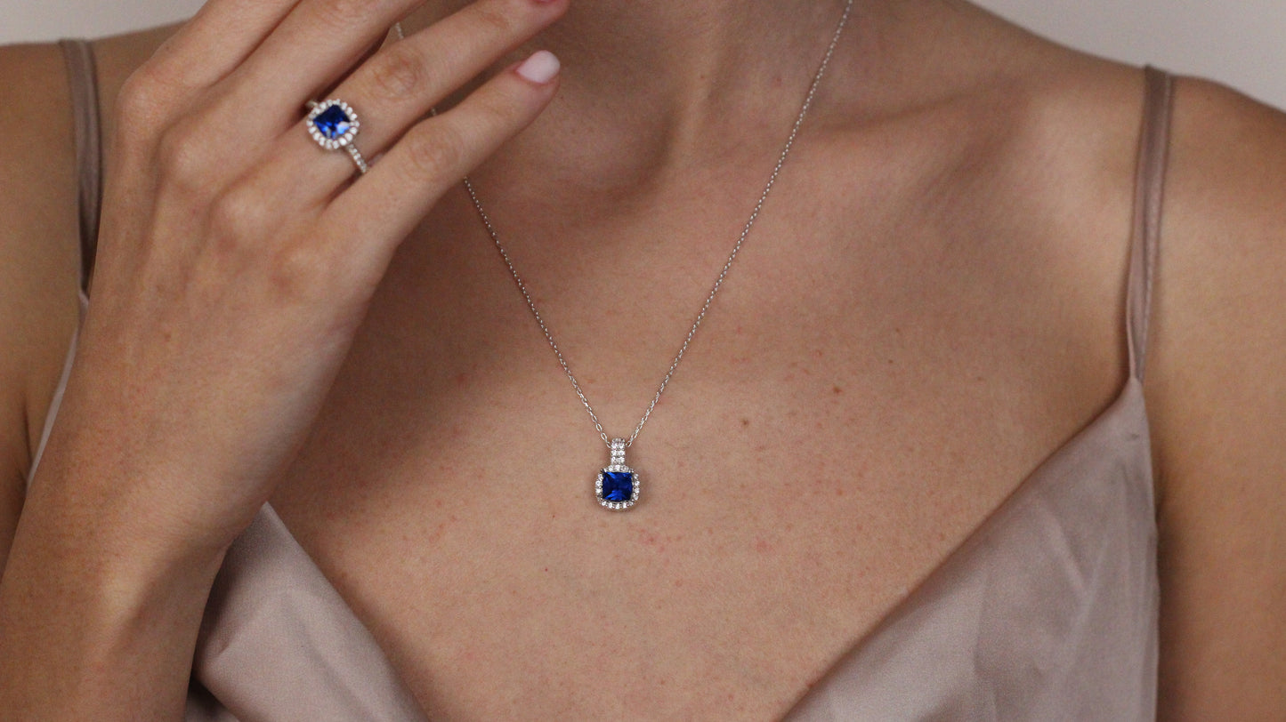 Cushion Cut CZ Sapphire Pendant | Halo Necklace Gift for Her