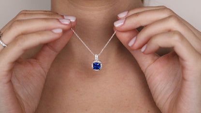 Cushion Cut CZ Sapphire Pendant | Halo Necklace Gift for Her