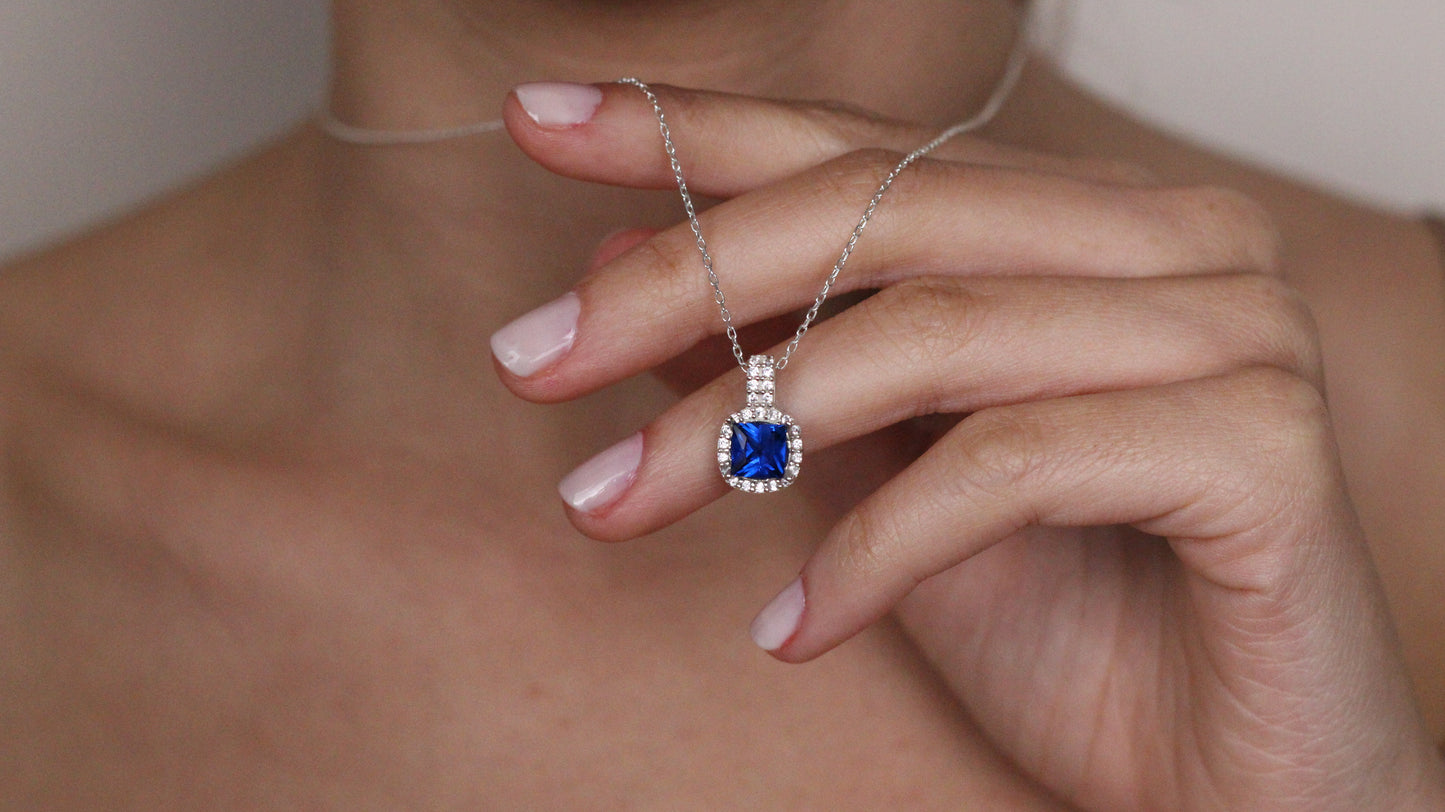 Cushion Cut CZ Sapphire Pendant | Halo Necklace Gift for Her