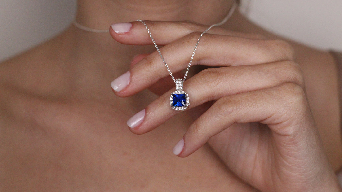 Cushion Cut CZ Sapphire Pendant | Halo Necklace Gift for Her