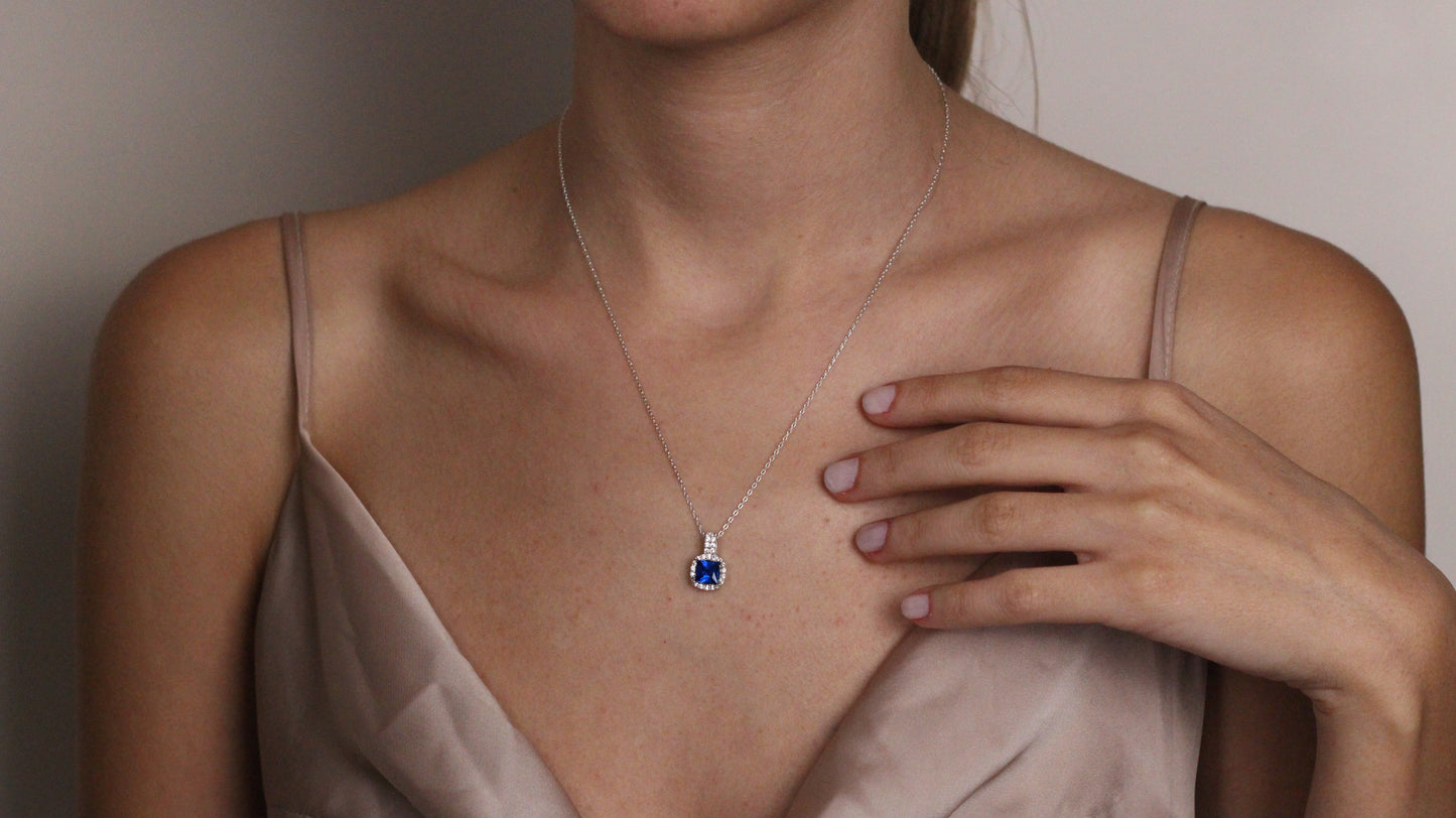 Cushion Cut CZ Sapphire Pendant | Halo Necklace Gift for Her