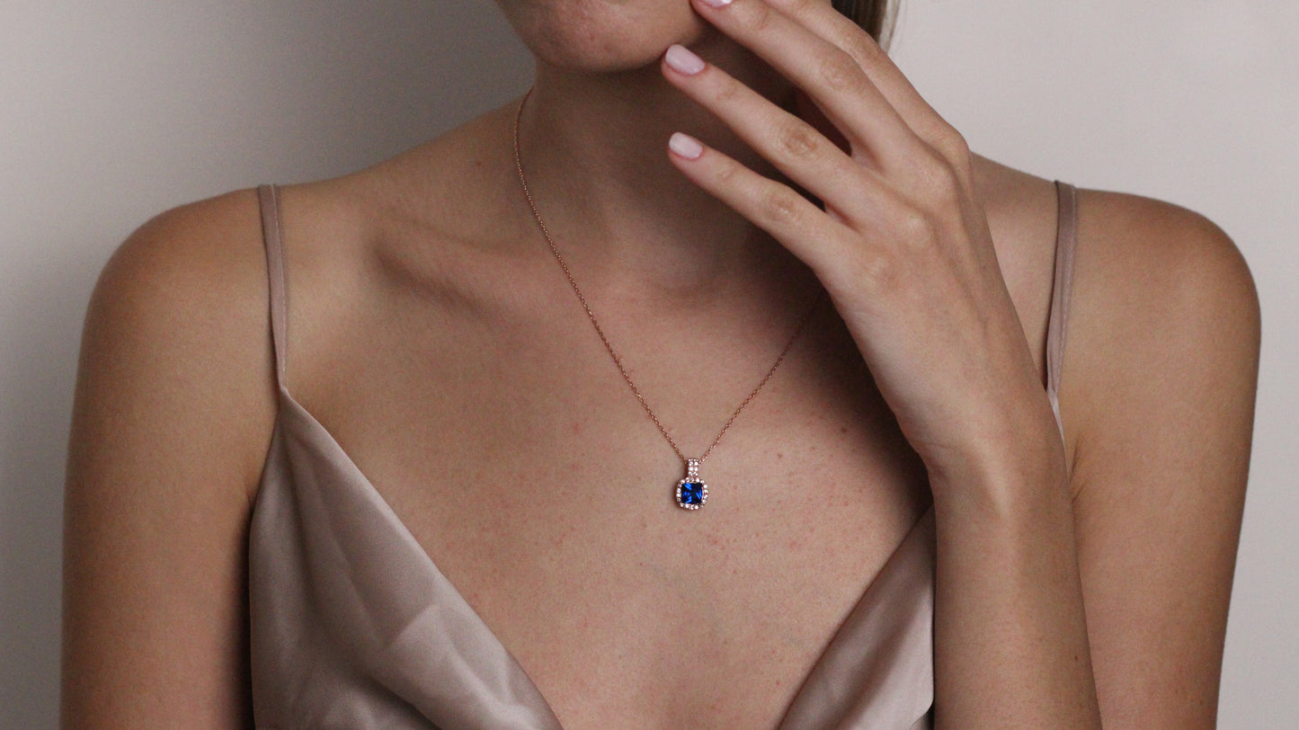 Cushion Cut CZ Sapphire Pendant | Halo Necklace Gift for Her