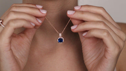 Cushion Cut CZ Sapphire Pendant | Halo Necklace Gift for Her