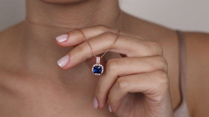 Cushion Cut CZ Sapphire Pendant | Halo Necklace Gift for Her