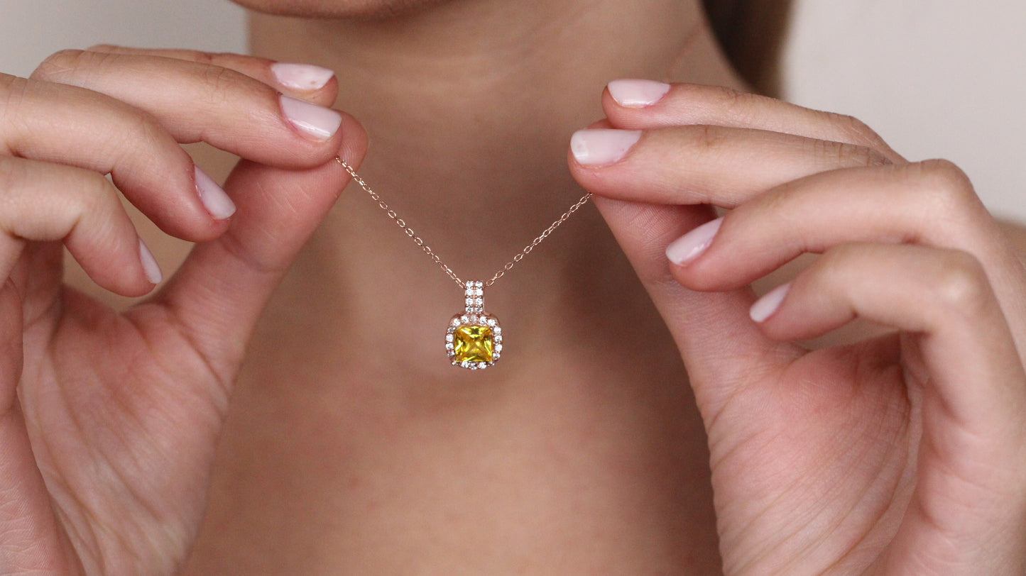 Cushion Cut CZ Yellow Sapphire Pendant | Halo Necklace Gift for Her