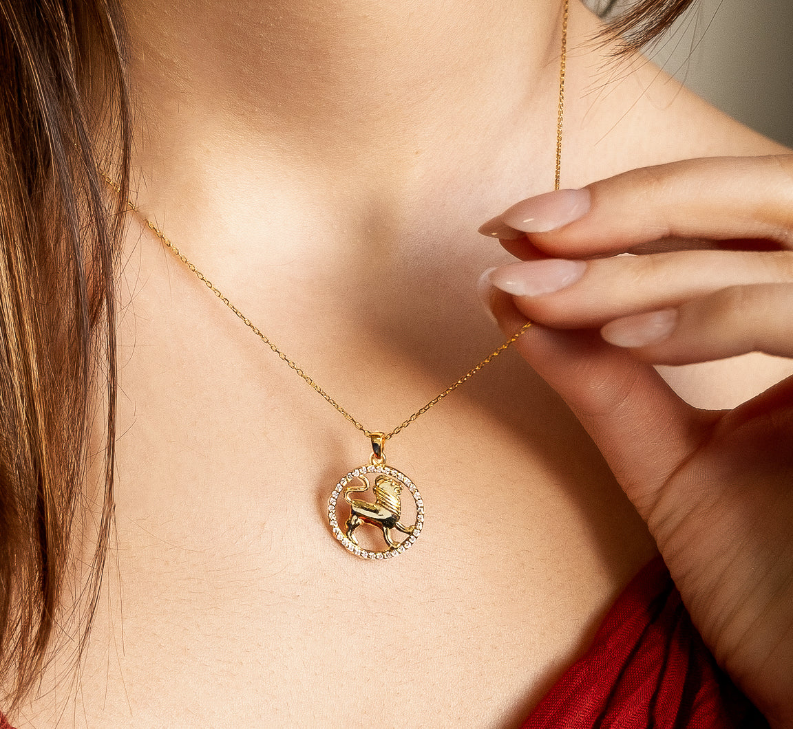 LEO Zodiac Necklace with Halo | Astrology-Inspired Gold & Silver Pendant Featuring Zircon or Diamonds