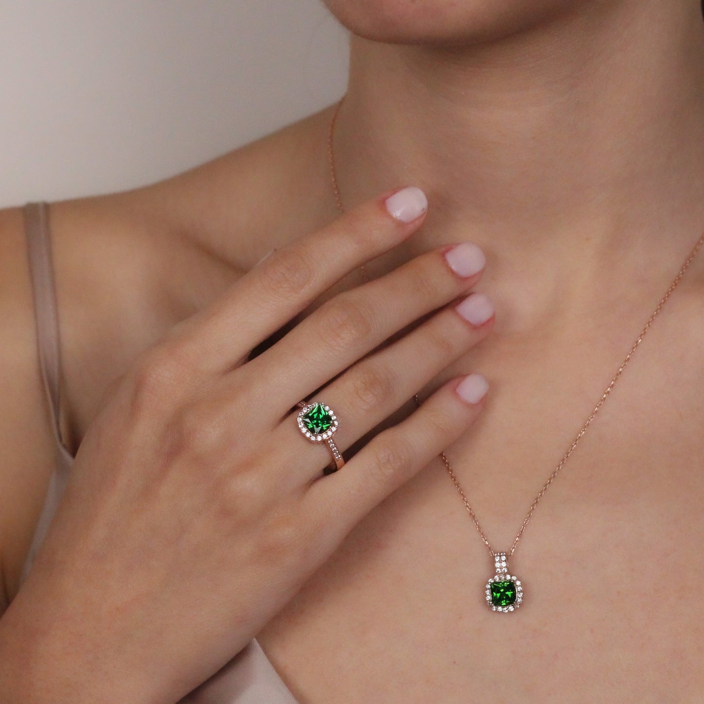 Vivid Green Emerald Ring with Zircon Halo | Solid Silver & Gold Cushion Cut Halo Emerald Ring