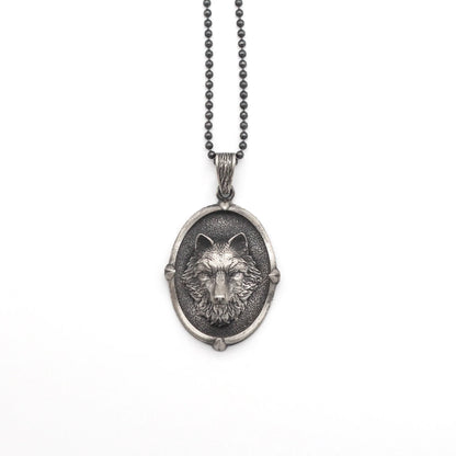 Wolf Head Oval Pendant Necklace in 925 Sterling Silver |  Unique Nature-Inspired Wolf Medallion Necklace