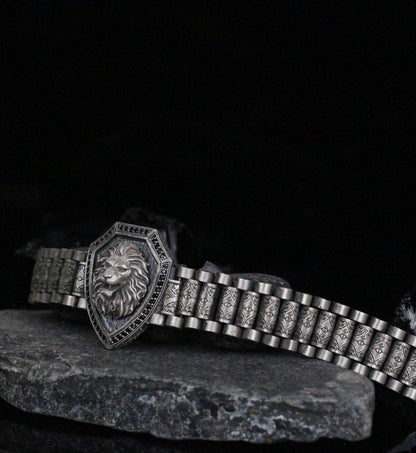 Lion Head Shield Bracelet in 925K Sterling Silver | Majestic Strength Symbol Jewelry For Men