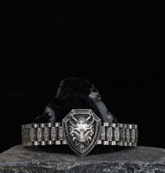 Bold Shield Bracelet with Wolf Emblem | Sterling Silver Medieval-Inspired Wolf Bracelet