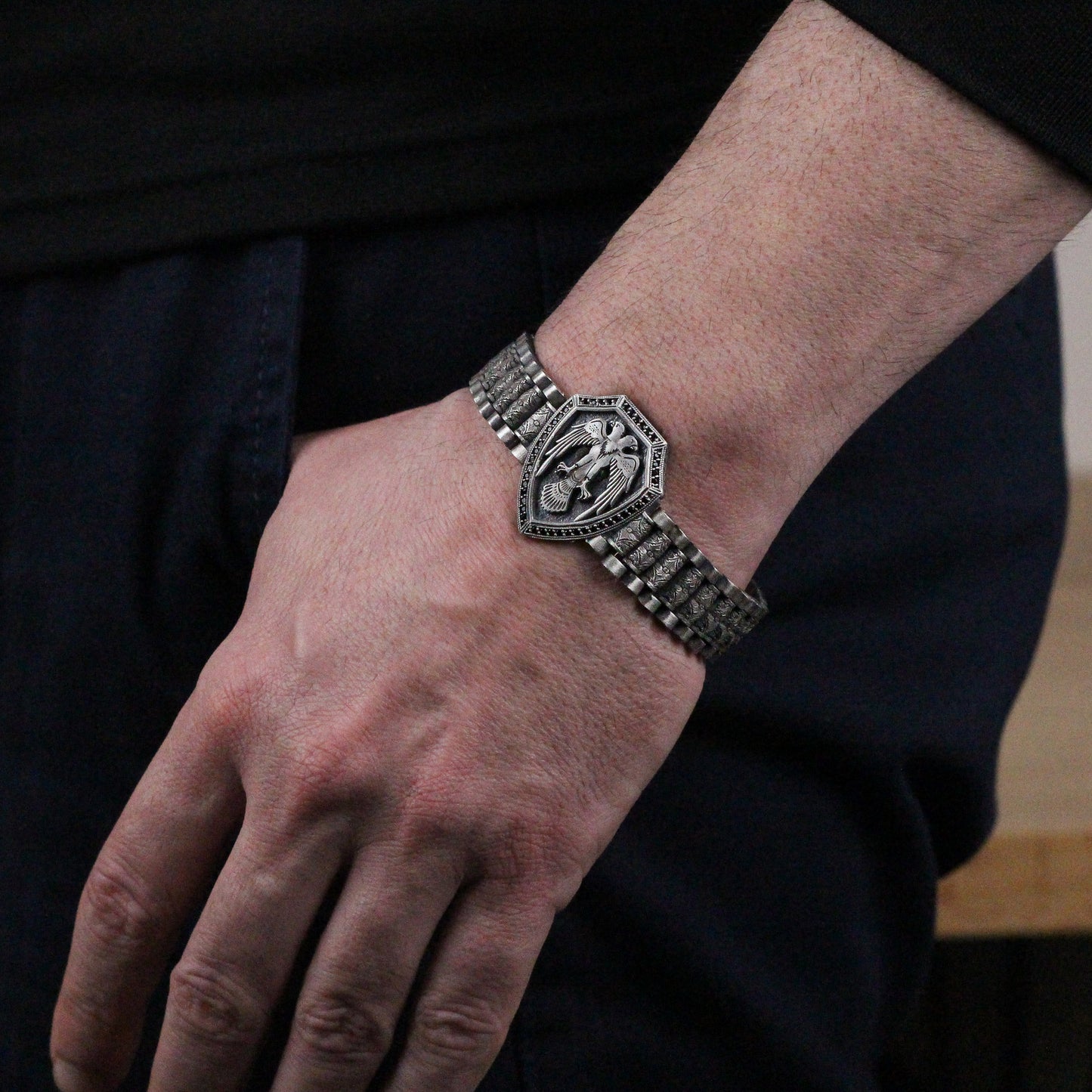 Double-Headed Eagle Shield Bracelet in 925K Sterling Silver | Emblem of Power Jewelry for Men