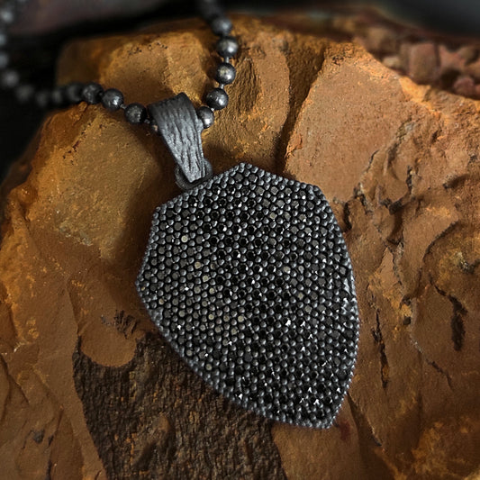 925K Silver Shield Men Necklace, Black Stone Men Pendant