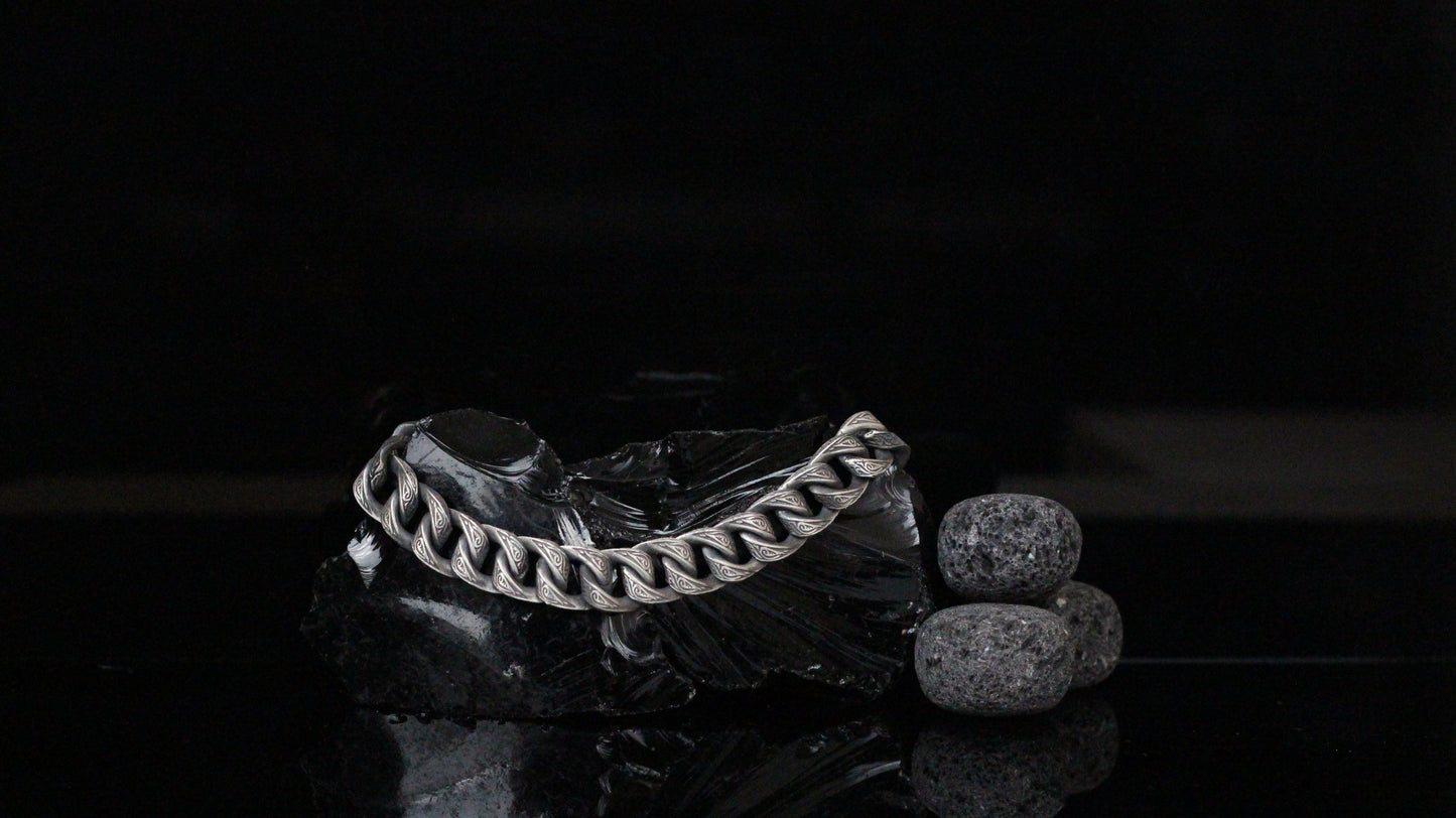 Men’s Thick Chain Bracelet in Sterling Silver | Engraved Gothic Biker Jewelry for Men