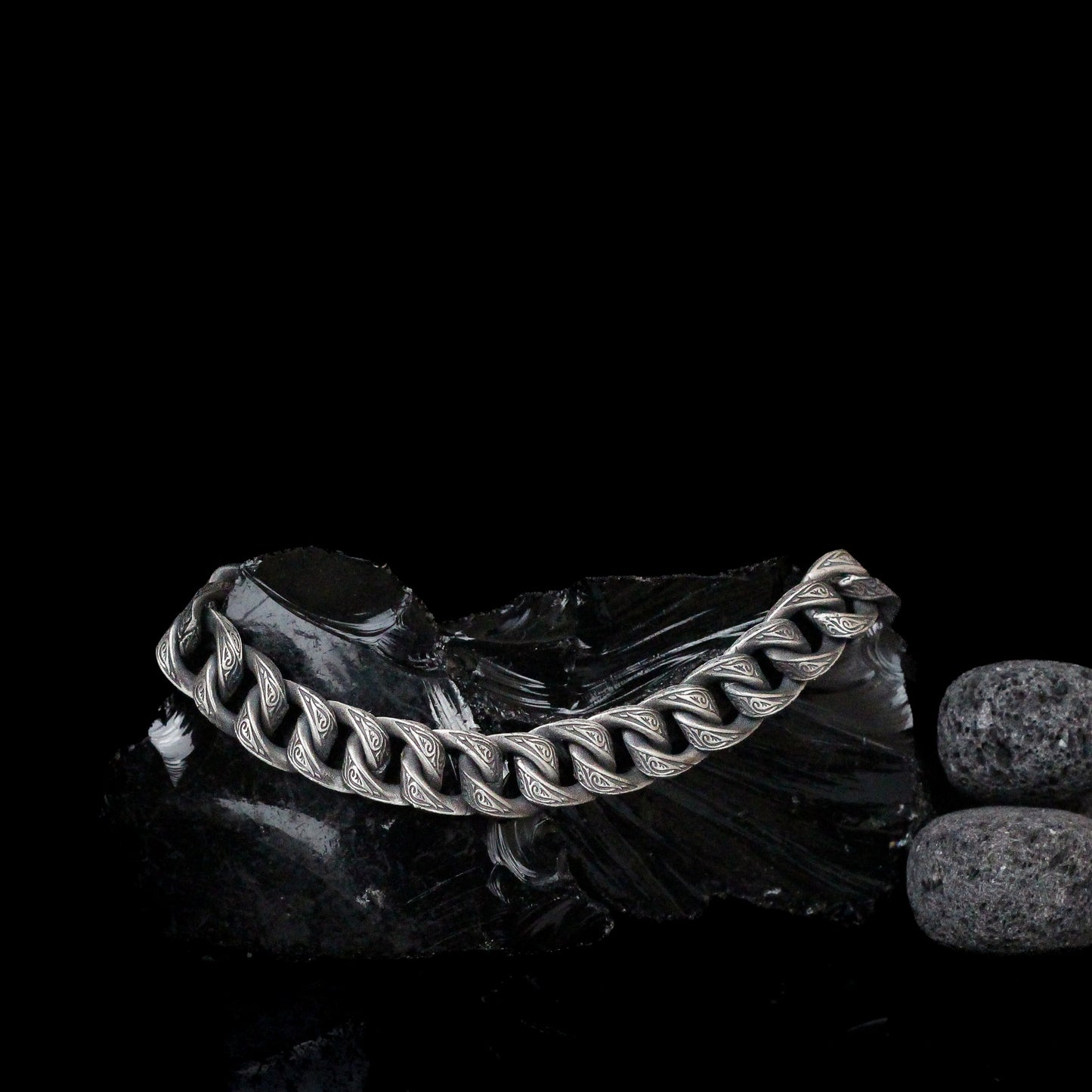 Men’s Thick Chain Bracelet in Sterling Silver | Engraved Gothic Biker Jewelry for Men