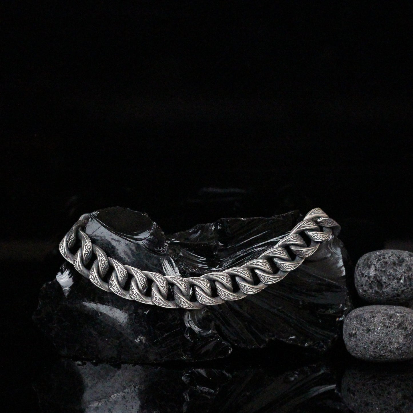 Men’s Thick Chain Bracelet in Sterling Silver | Engraved Gothic Biker Jewelry for Men