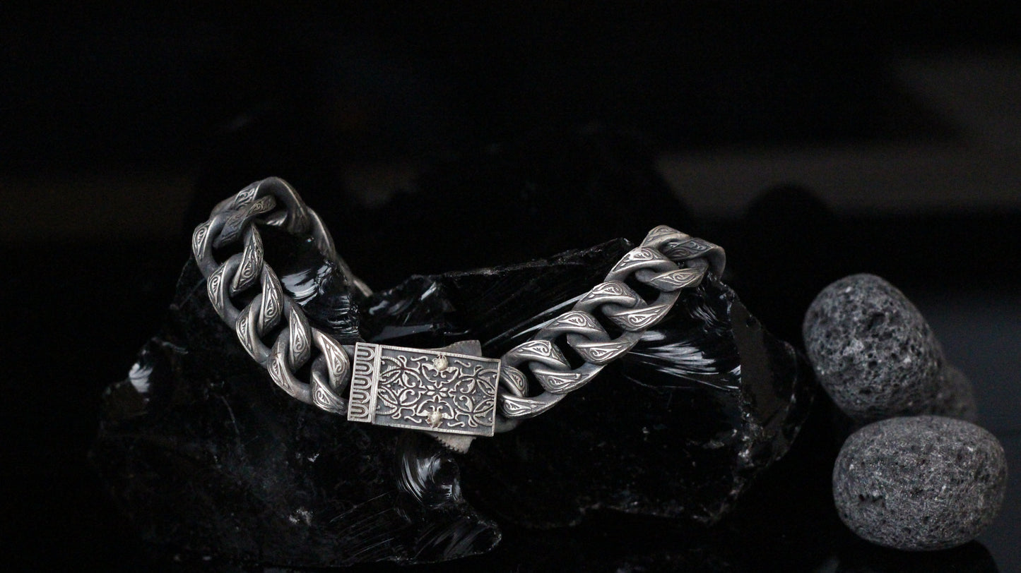 Men’s Thick Chain Bracelet in Sterling Silver | Engraved Gothic Biker Jewelry for Men