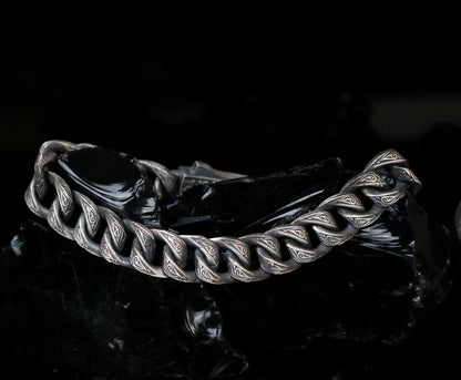 Men’s Thick Chain Bracelet in Sterling Silver | Engraved Gothic Biker Jewelry for Men