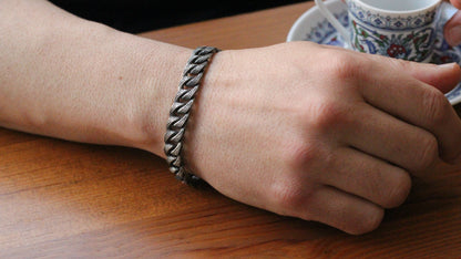 Men’s Thick Chain Bracelet in Sterling Silver | Engraved Gothic Biker Jewelry for Men