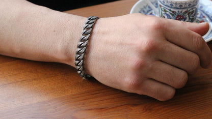 Men’s Thick Chain Bracelet in Sterling Silver | Engraved Gothic Biker Jewelry for Men