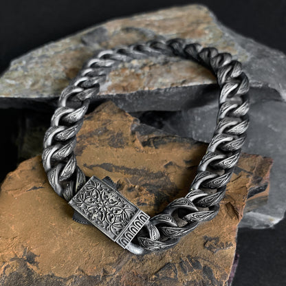 Men’s Thick Chain Bracelet in Sterling Silver | Engraved Gothic Biker Jewelry for Men