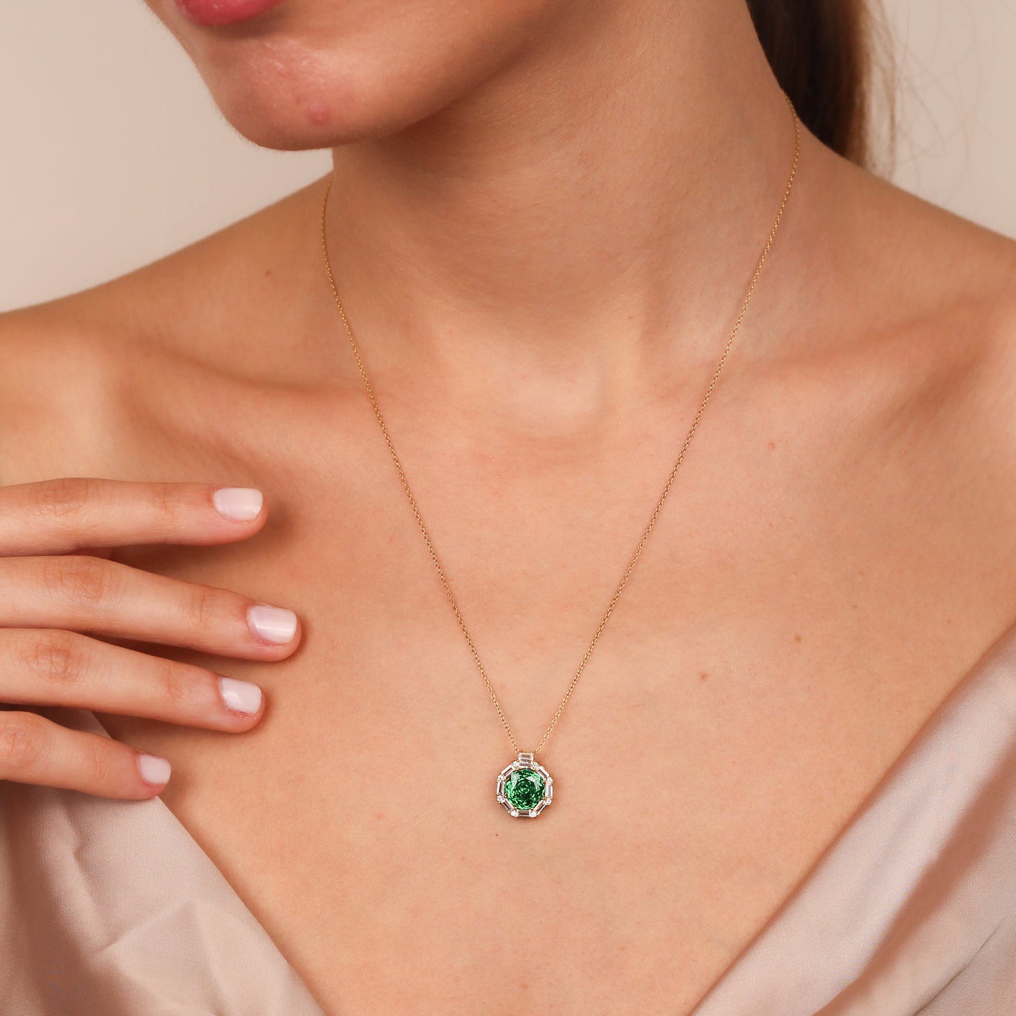 AKILINA 14K Solid Gold Natural Emerald Necklace | Luxury Green Gemstone Jewelry