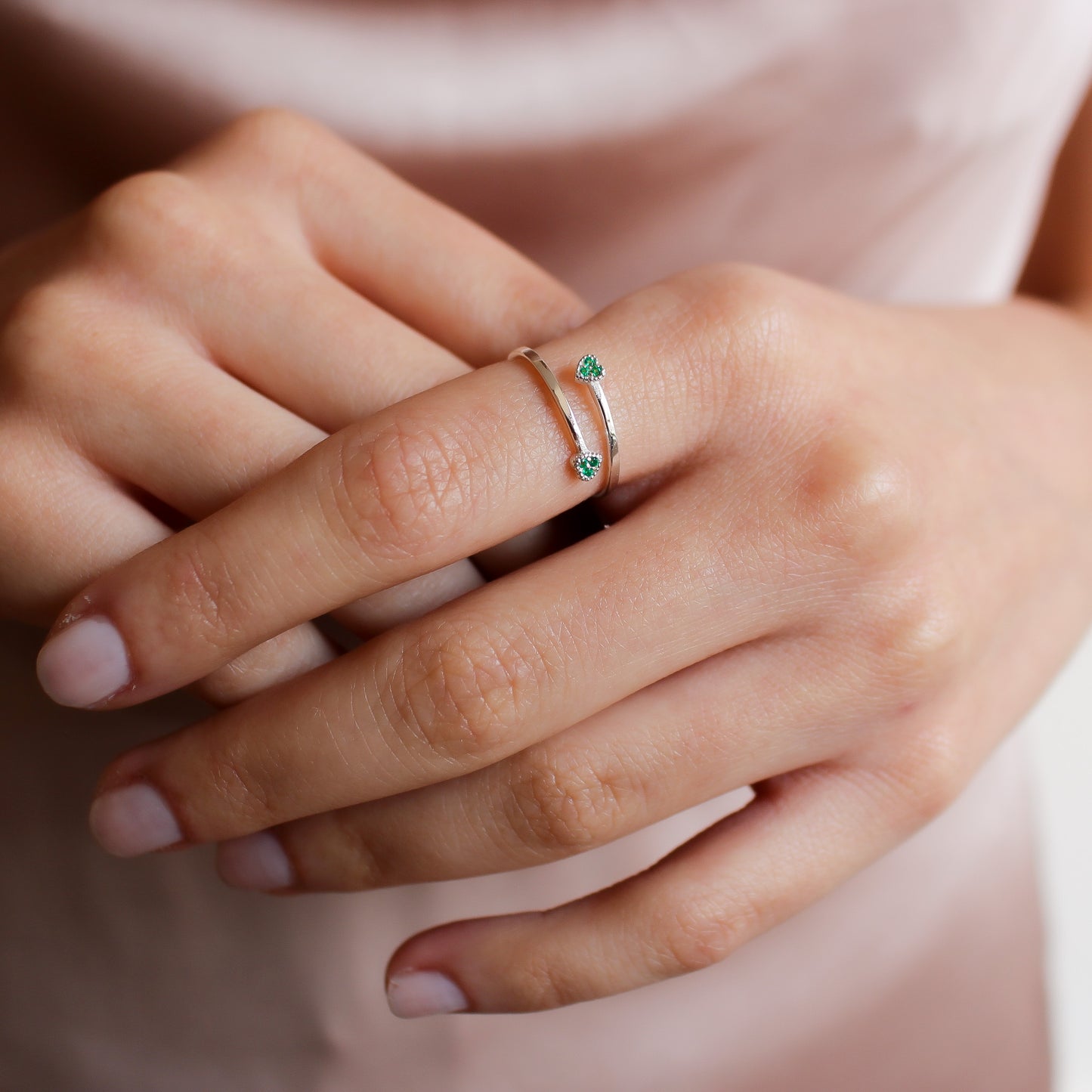 ALEX Solid Gold Double Two Heart Emerald Ring | Adjustable Emerald Hearts Ring for Women