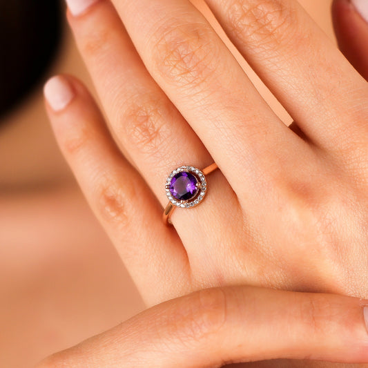 AMALIE Solid Gold Dainty Amethyst Halo Promise Ring | February Birthstone Ring for Women