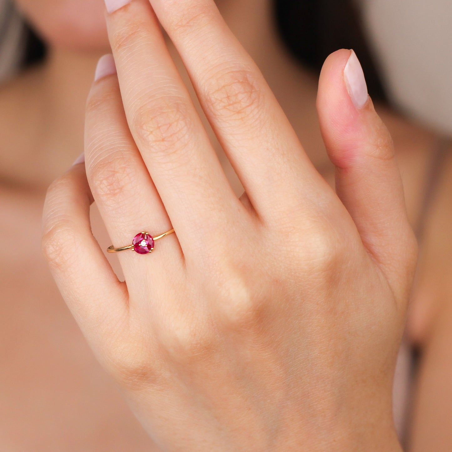 BLAKE Elegant Ruby Flower Cluster Ring with Central Zircon or Diamond | Available in 8K or 14K Solid Gold