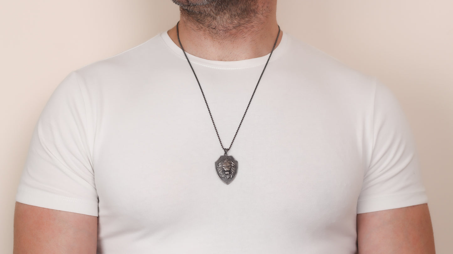 Bold Lion Shield Necklace in 925K Sterling Silver | Handcrafted Silver Lion Medallion Necklace