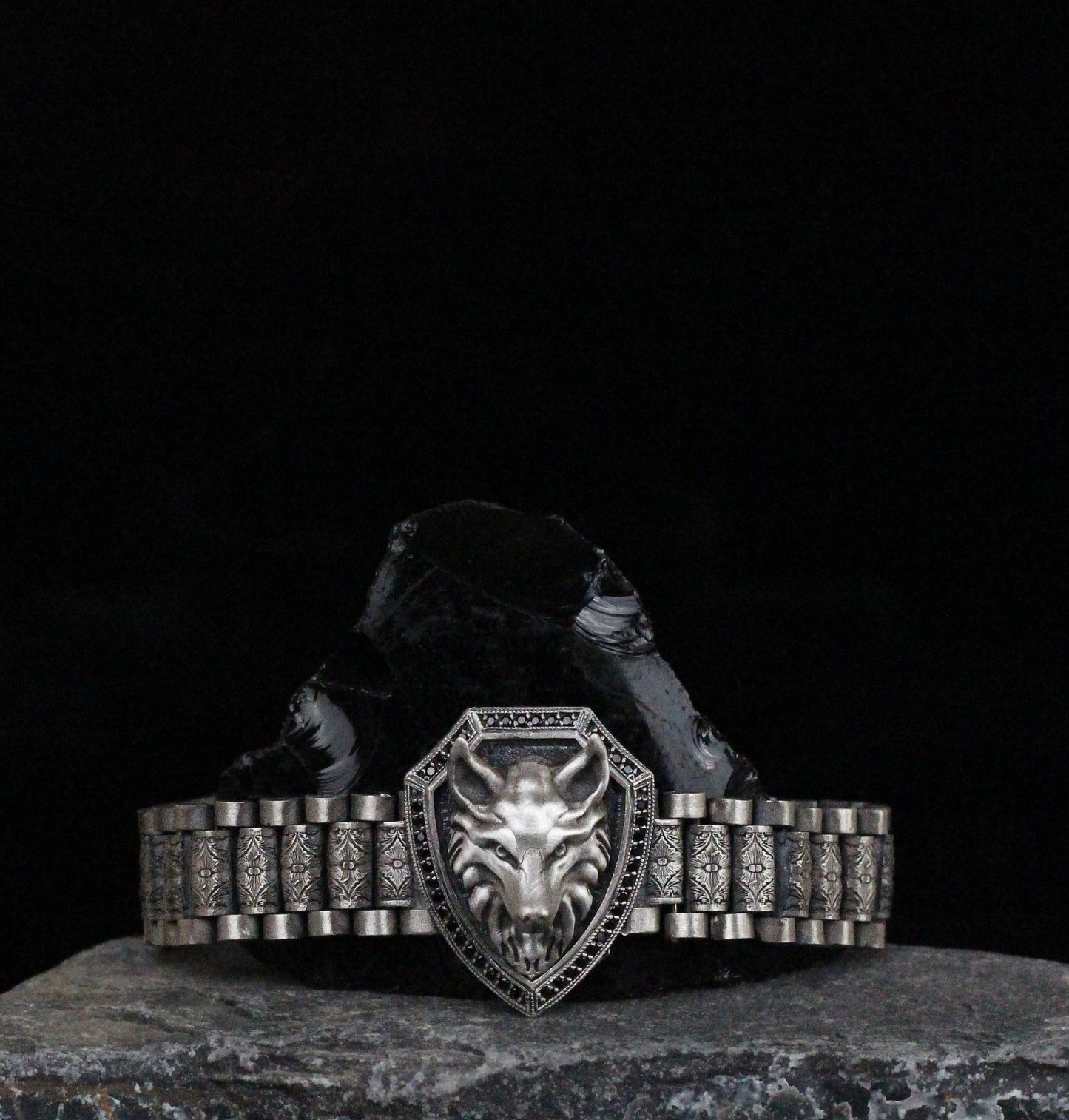 Bold Shield Bracelet with Wolf Emblem | Sterling Silver Medieval-Inspired Wolf Bracelet