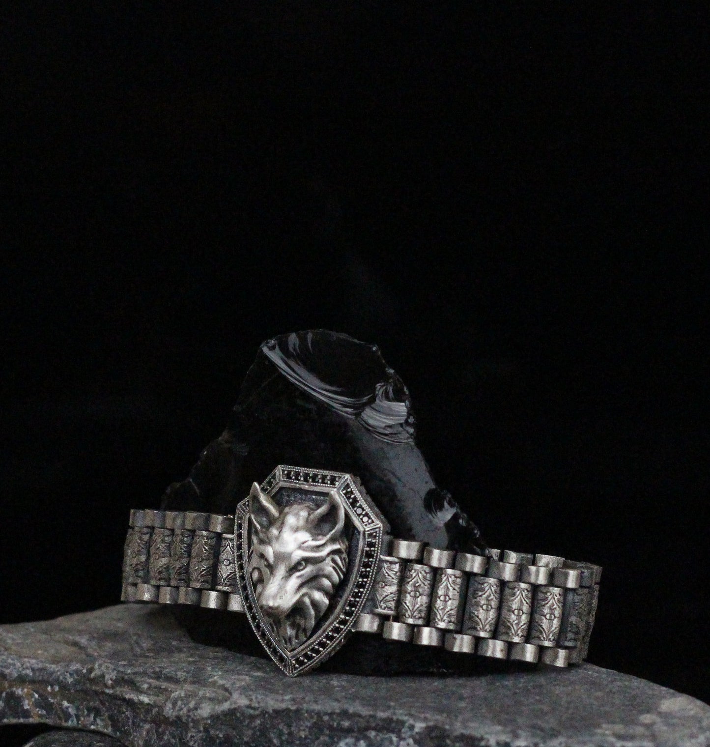 Bold Shield Bracelet with Wolf Emblem | Sterling Silver Medieval-Inspired Wolf Bracelet