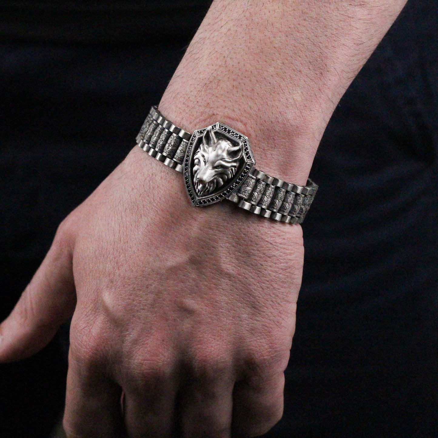 Bold Shield Bracelet with Wolf Emblem | Sterling Silver Medieval-Inspired Wolf Bracelet