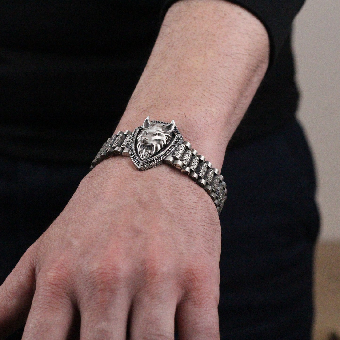 Bold Shield Bracelet with Wolf Emblem | Sterling Silver Medieval-Inspired Wolf Bracelet