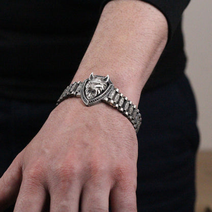 Bold Shield Bracelet with Wolf Emblem | Sterling Silver Medieval-Inspired Wolf Bracelet