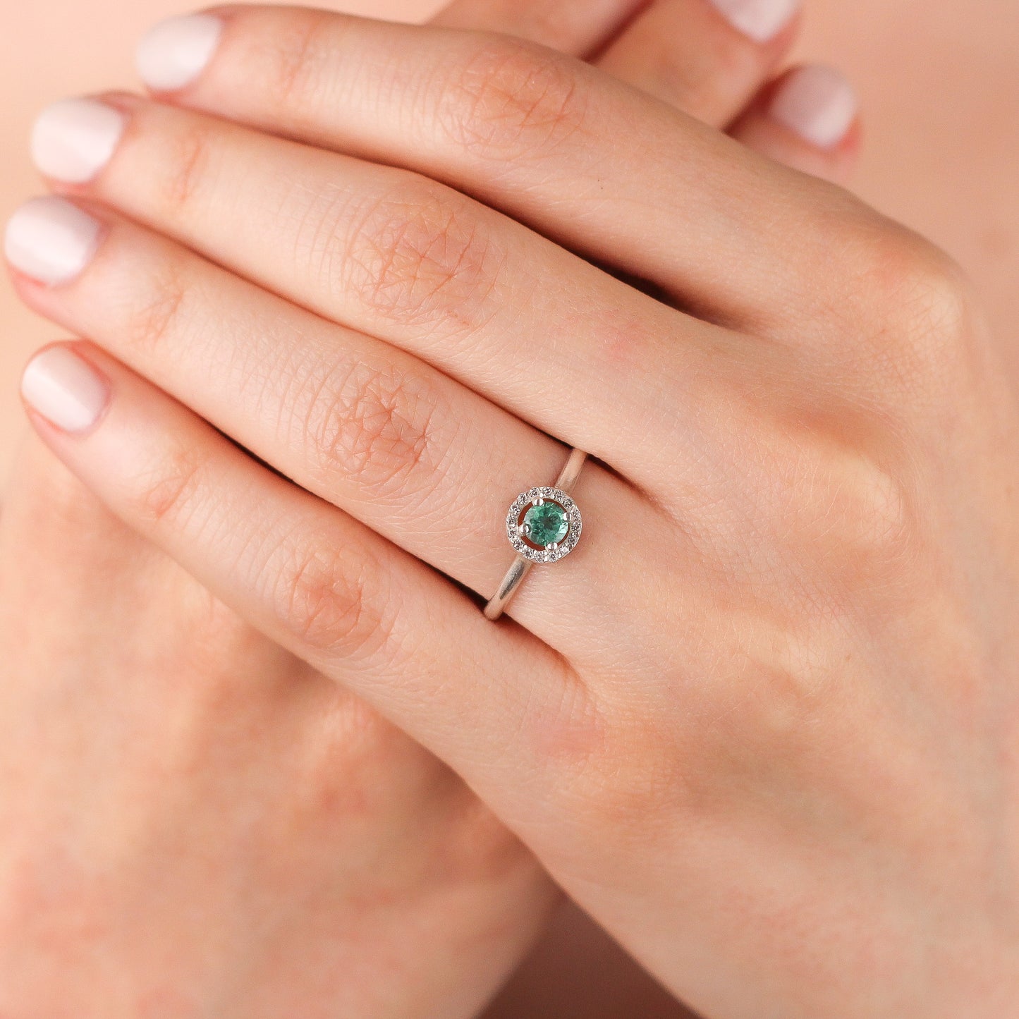 CELESTE Green Topaz Engagement Ring in Solid Gold | Green Topaz Round Halo Proposal Ring