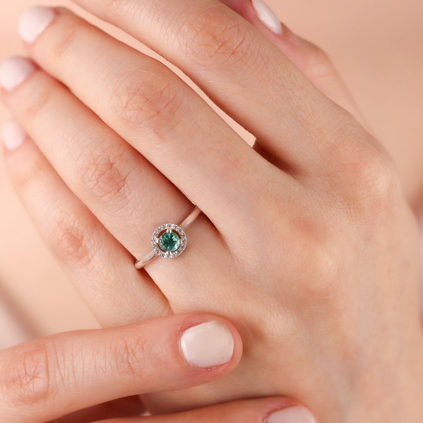 CELESTE Green Topaz Engagement Ring in Solid Gold | Green Topaz Round Halo Proposal Ring