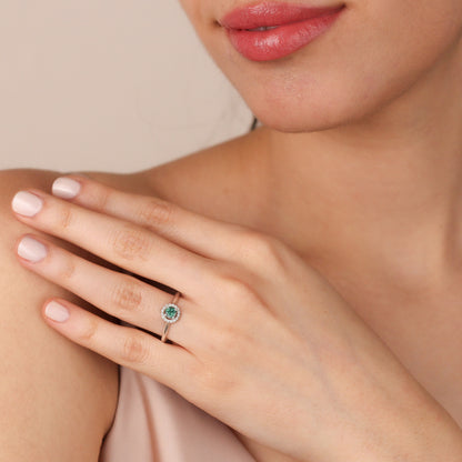 CELESTE Green Topaz Engagement Ring in Solid Gold | Green Topaz Round Halo Proposal Ring