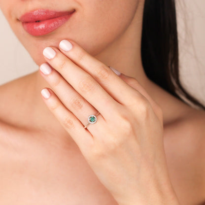 CELESTE Green Topaz Engagement Ring in Solid Gold | Green Topaz Round Halo Proposal Ring