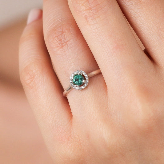 CELESTE Green Topaz Engagement Ring in Solid Gold | Green Topaz Round Halo Proposal Ring