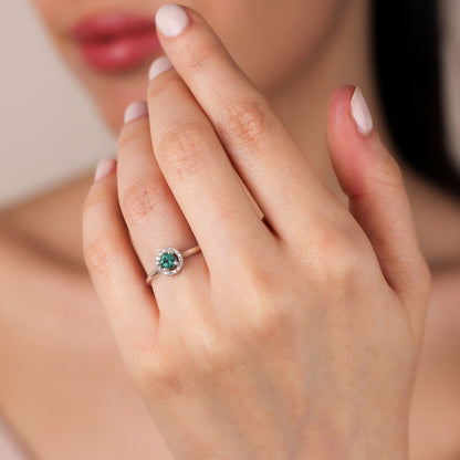 CELESTE Green Topaz Engagement Ring in Solid Gold | Green Topaz Round Halo Proposal Ring