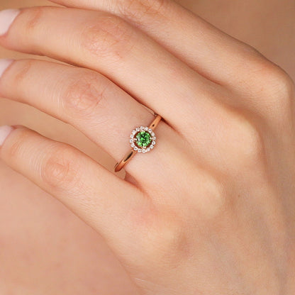 DAPHNE Timeless Emerald Halo Wedding Ring in Solid Gold | Sparkling Zircon or Diamond Halo Gemstone Ring