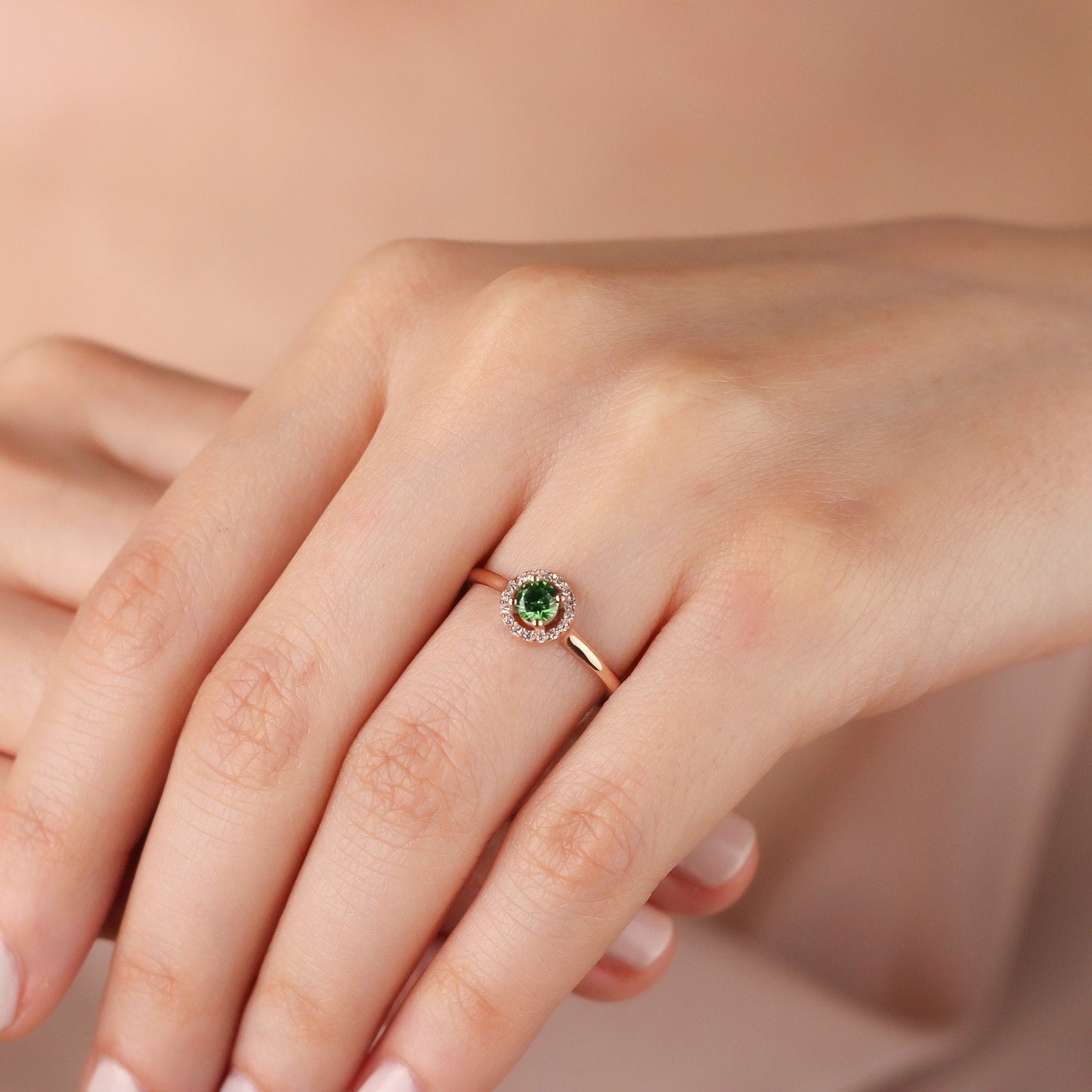 DAPHNE Timeless Emerald Halo Wedding Ring in Solid Gold | Sparkling Zircon or Diamond Halo Gemstone Ring